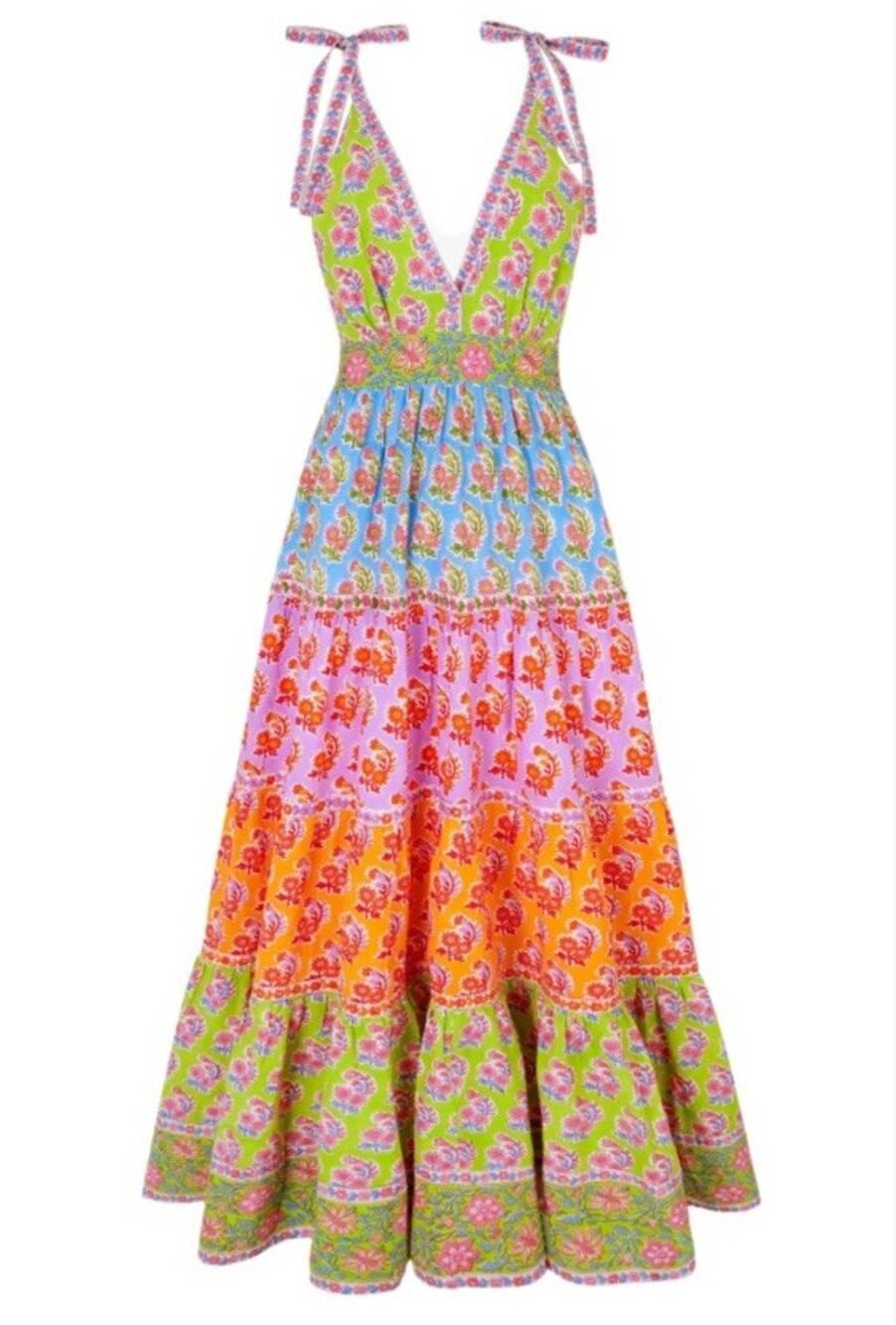 NWT Pink City Prints Amour Dress Rainbow Zinnia Tiered Maxi Midi Sz L $325 2026